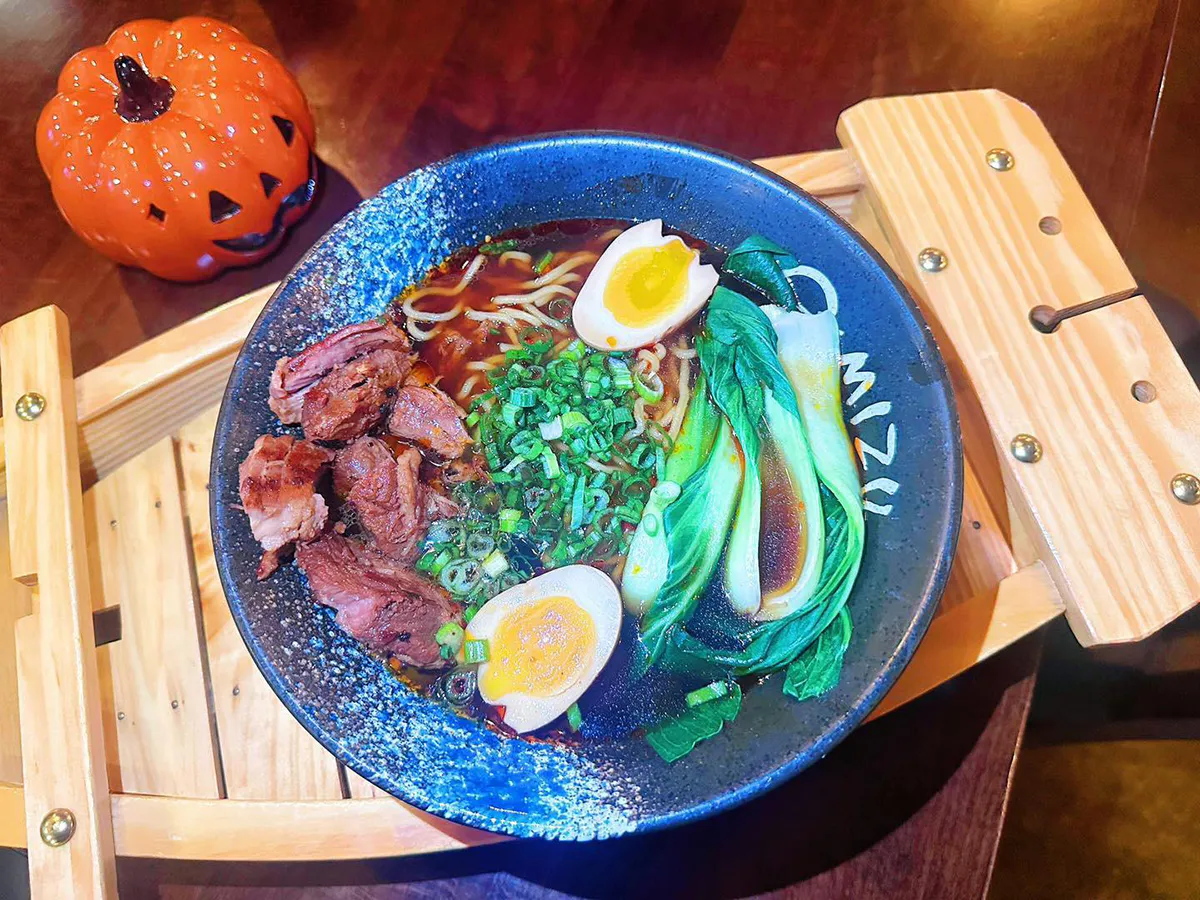 Spicy beef ramen with soft-boiled egg and bok choy at Sushi Mizu, a Japanese Restaurant in New Iberia